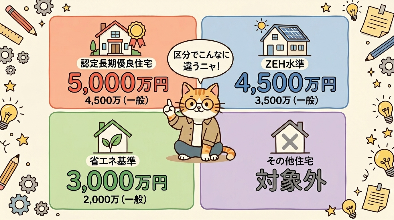 住宅区分で変わる借入限度額マトリクス:認定長期優良5,000万・ZEH水準4,500万・省エネ基準3,000万・その他対象外