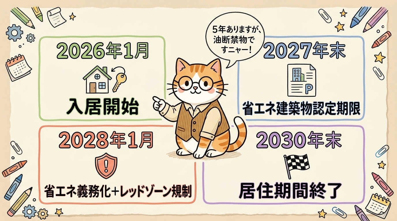 2026年〜2030年の住宅ローン控除タイムライン:入居開始・省エネ建築物認定期限・省エネ義務化+レッドゾーン規制・居住期間終了