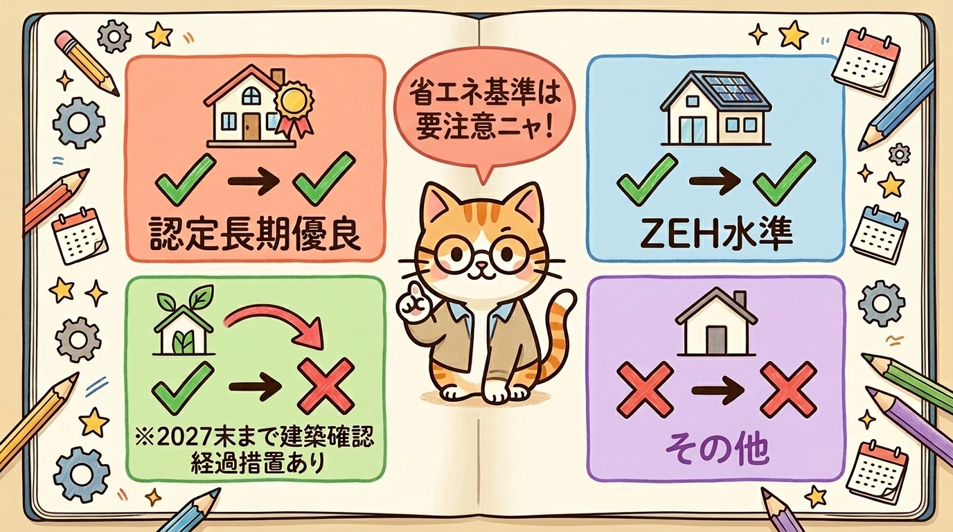 2028年改正での住宅区分別の対象判定:認定長期優良✓→✓・ZEH水準✓→✓・省エネ基準✓→×(経過措置あり)・その他×→×