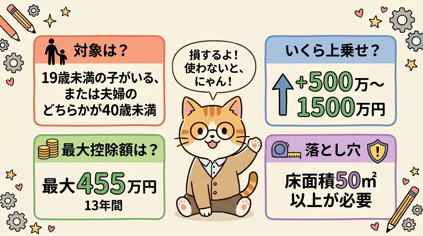 子育て・若者夫婦特例まとめ:対象世帯/上乗せ額+500〜1,500万円/最大控除額455万円/落とし穴は床面積50㎡以上必須