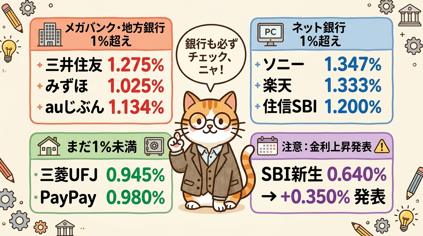 2026年5月 主要9行 変動金利マップ：メガ・地銀1%突破組／ネット系1%突破組／まだ1%未満組／要警戒5月引き上げ予告組