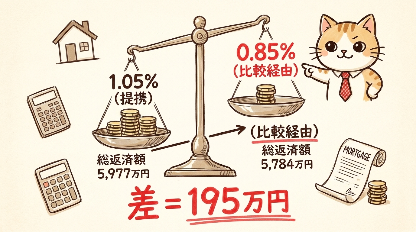 サブ2：天秤対比 0.85% vs 1.05% で総返済額195万円差（5,000万・35年）