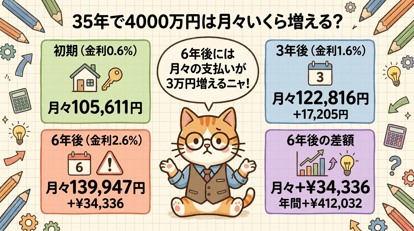 4,000万円・35年シミュレーション（住宅金融支援機構データ）：当初0.6%月105,611円→3年後1.6%月122,816円→6年後2.6%月139,947円・月+34,336円増